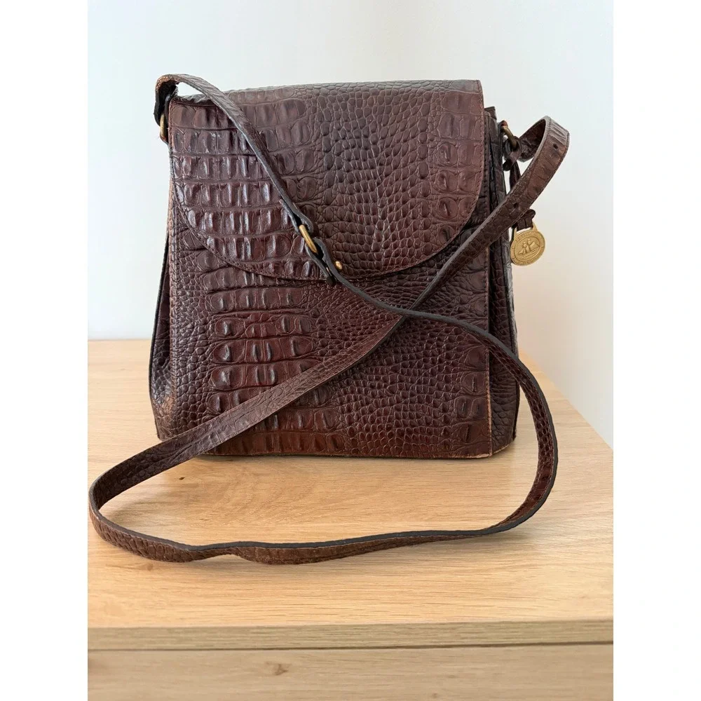 Brahmin Brown Croc Embossed Leather Shoulder Crossbody Front Flap Bag Vintage